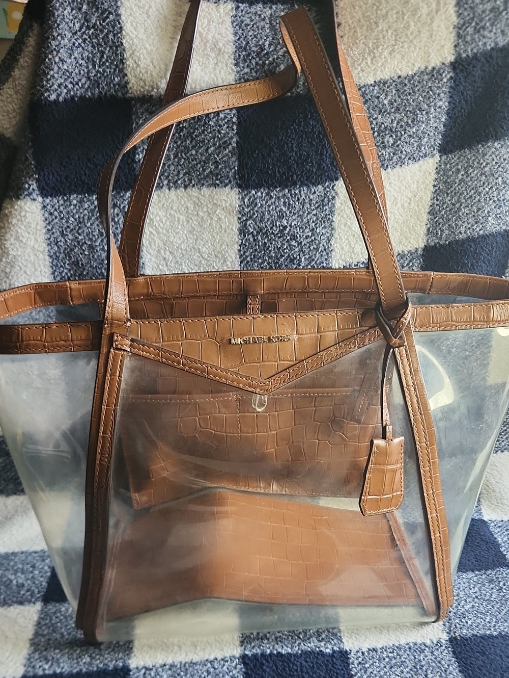 Michael Kors Clear Tote with Brown Croc-Texture Trim